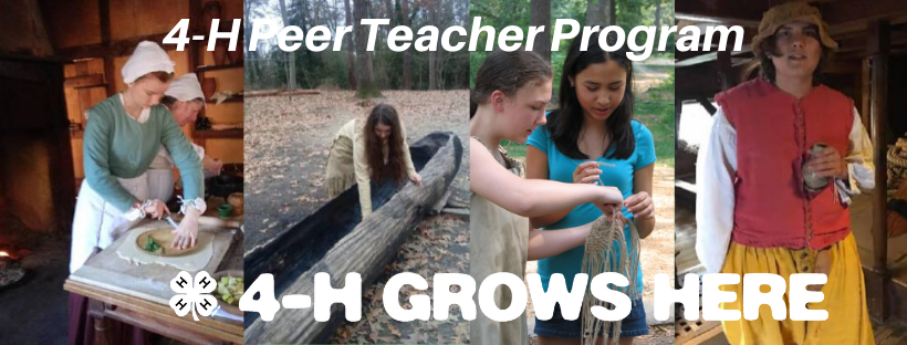 Revolution era women making food, Woman carving out a tree, 2 girls tying rope knots and male youth 