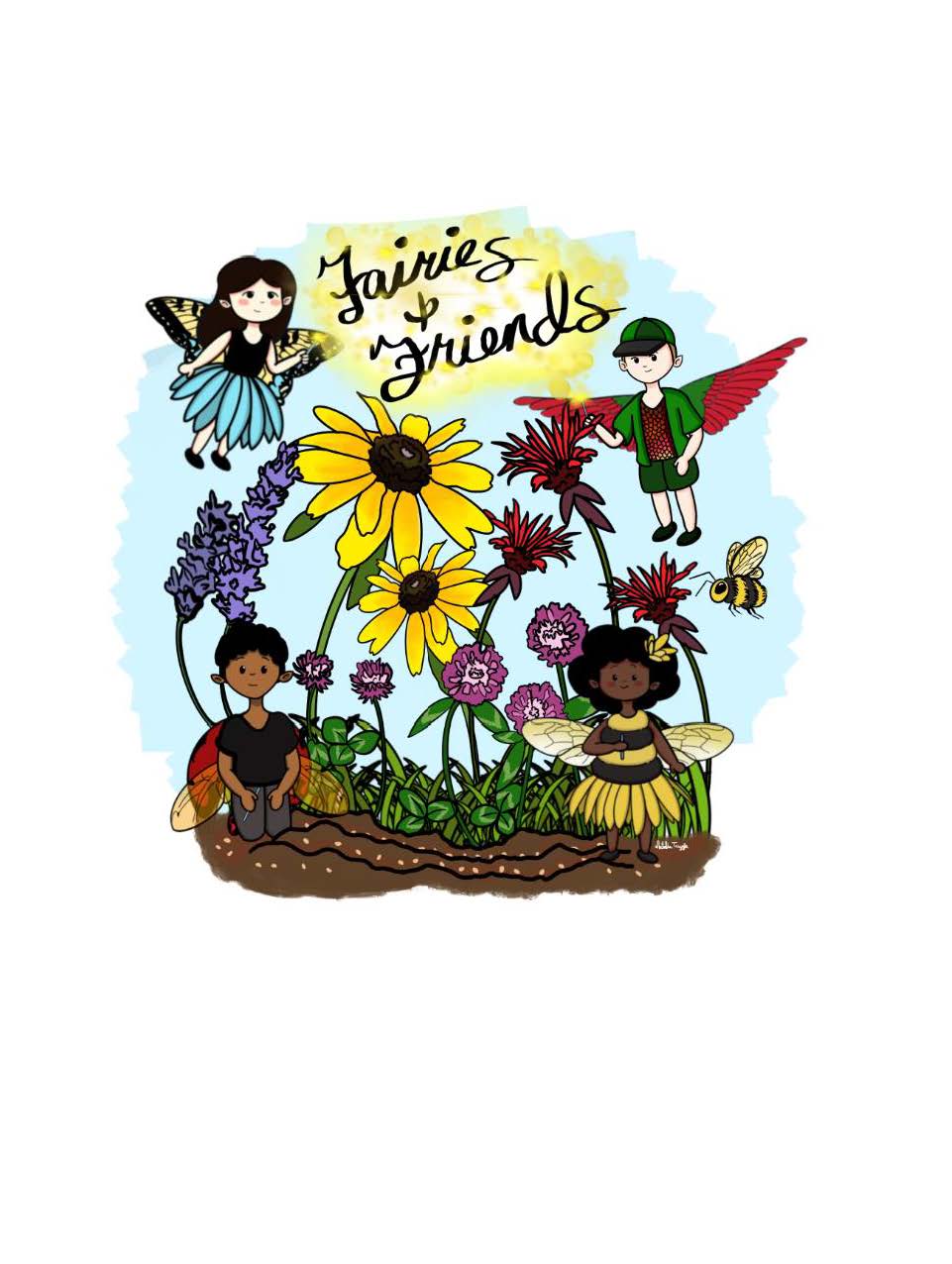 4 children dressed as gnomes or fairies around pollinator flowers