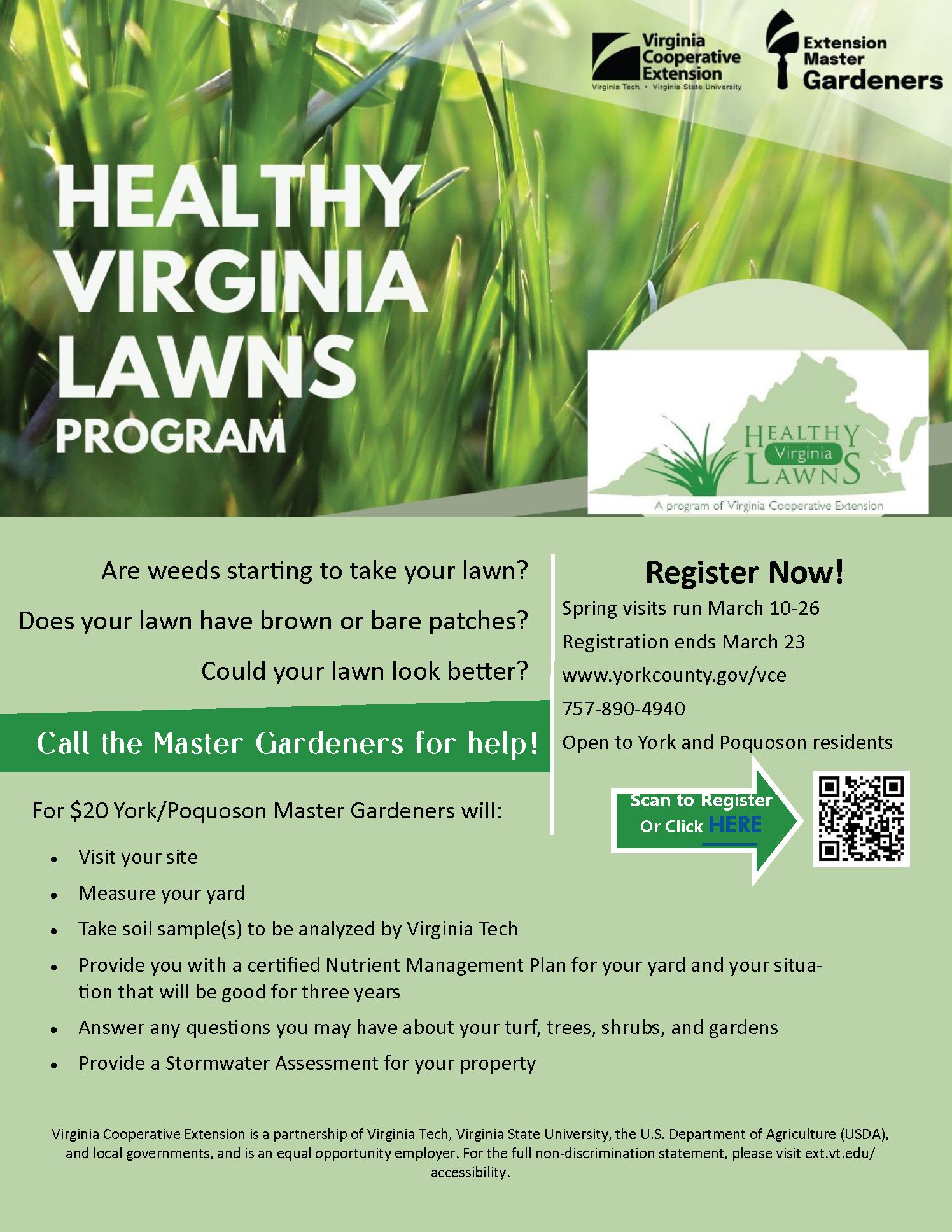 “Healthy Virginia Lawns Program flyer promoting lawn assessments by Master Gardeners, including soil